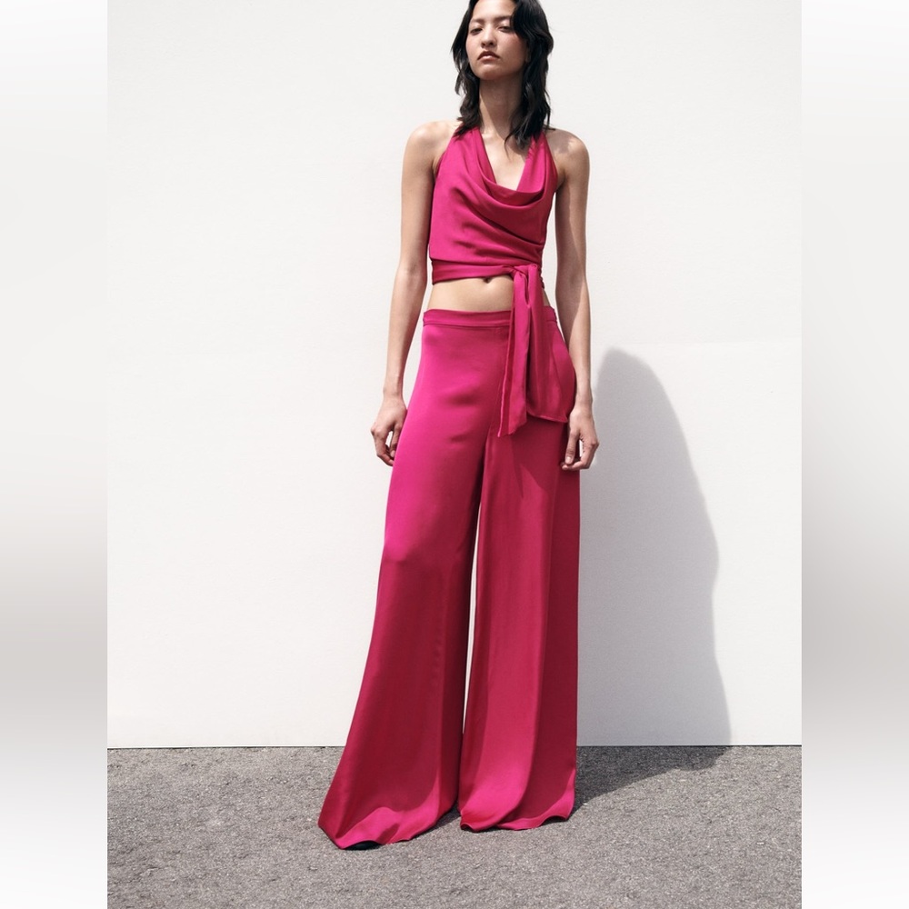 Zara hot pink satin flowy pants. Silky wide leg fuchsia trouser